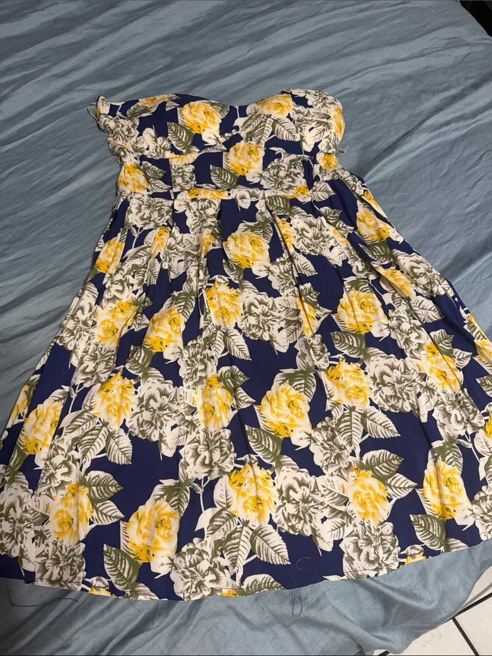 Navy and Yellow Floral Strapless Kids Dress